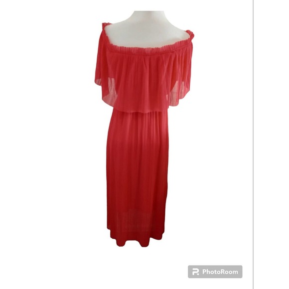 NWT Express Off The Shoulder Ruffle Dress Midi Micro Pleat Chiffon Coral Size XS - Picture 4 of 9